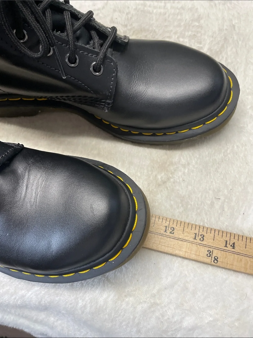 Dr. Martens 11821 Black Leather 8-Eye Lace-Up Boots with Yellow Stitching
